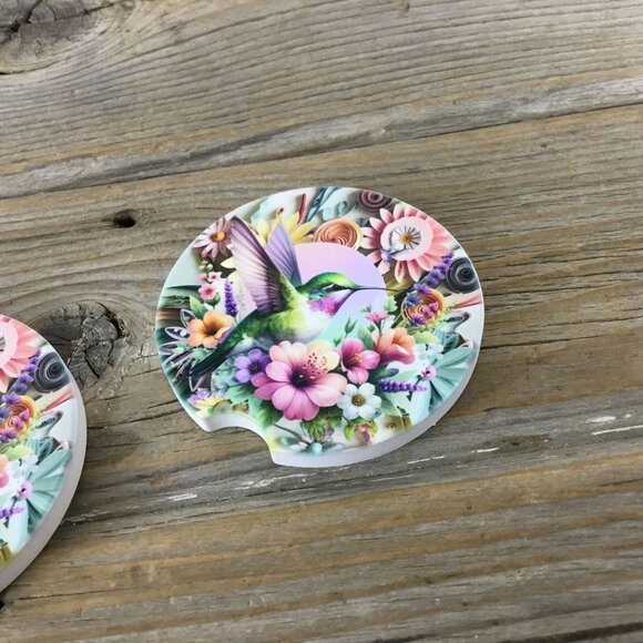 Hummingbird Pastel Flowers Car Coasters - Picture 4 of 6